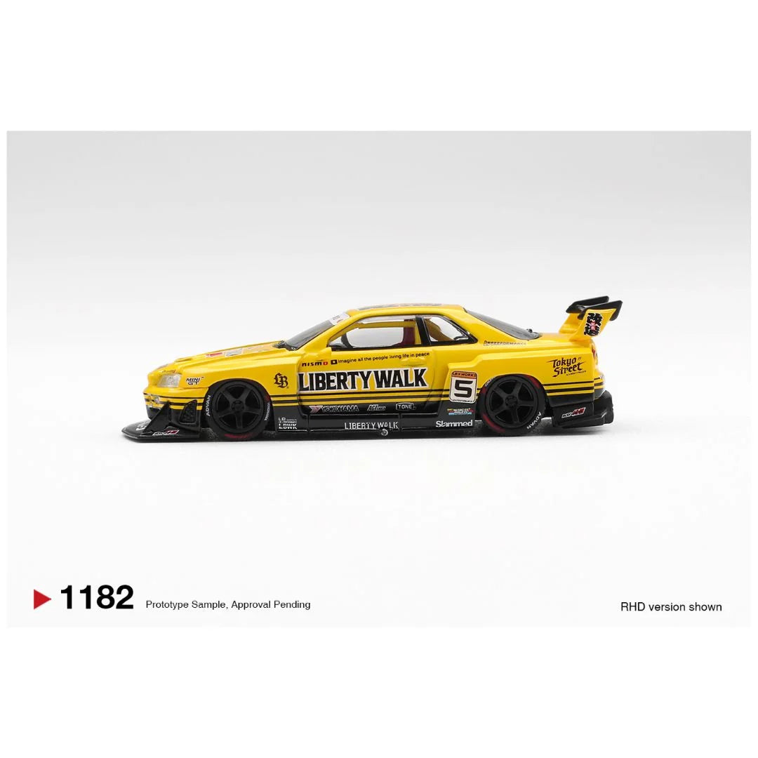 Mini GT #1182 Nissan LB-ER34 Super Silhouette SKYLINE Sport Yellow – 1:64 Scale Diecast Model | Box Packed