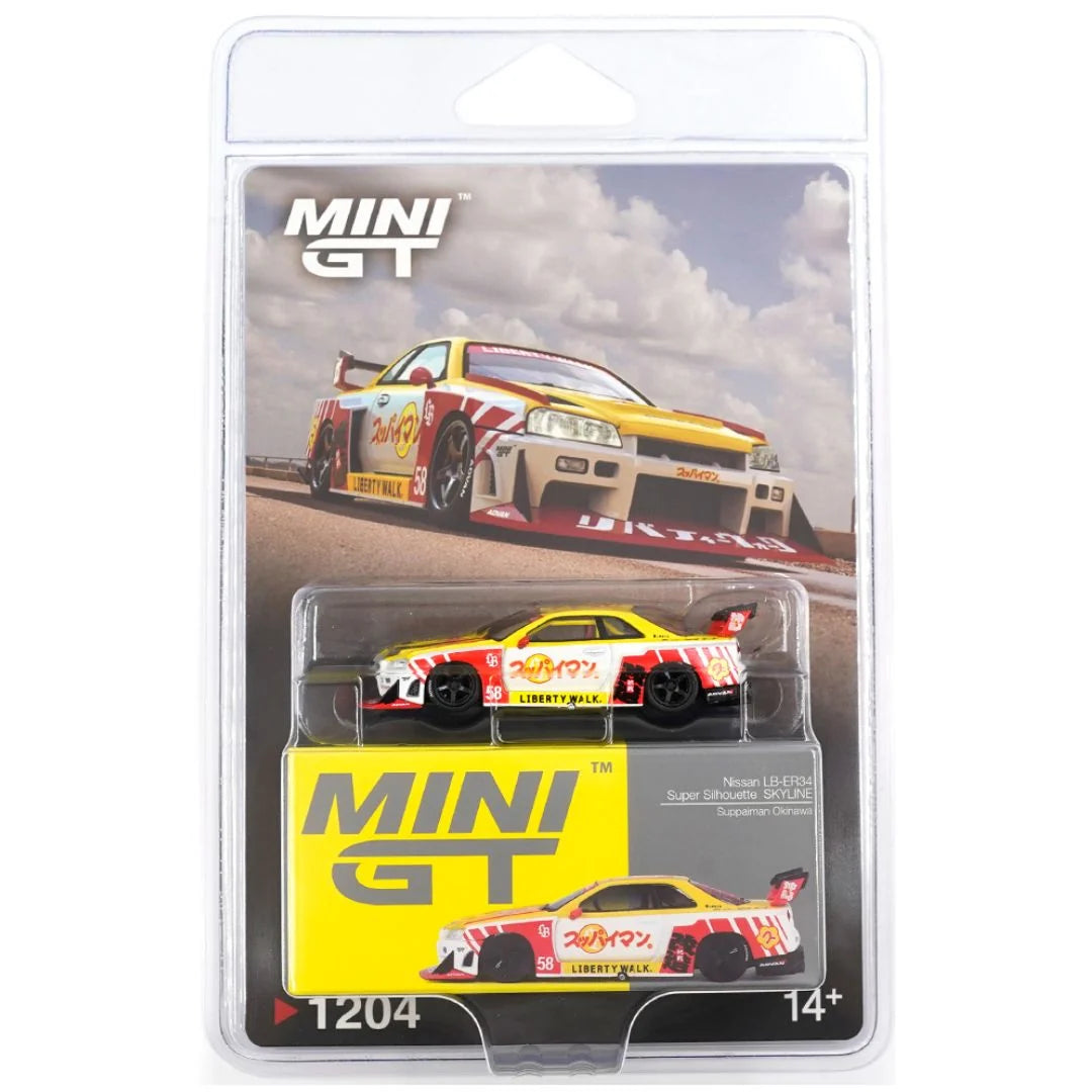 Mini GT Blister #1204 Nissan LB-ER34 Super Silhouette SKYLINE Suppaiman Okinawa – 1:64 Scale Diecast Model