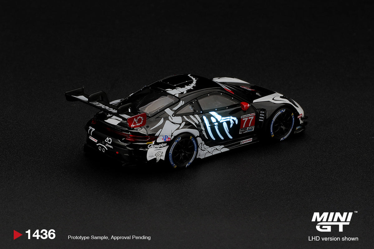 PREORDER: MINI GT #1436 Porsche 911 GT3 R (992) #77 AO Racing “Skeleton Rexy” – 2026 IMSA Petit Le Mans | 1:64 Boxed
