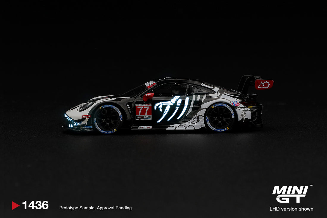 PREORDER: MINI GT #1436 Porsche 911 GT3 R (992) #77 AO Racing “Skeleton Rexy” – 2026 IMSA Petit Le Mans | 1:64 Boxed