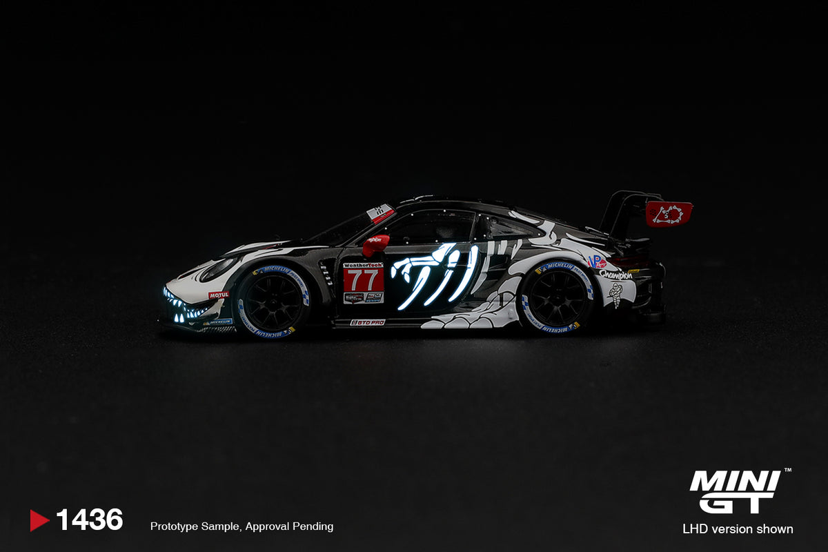 PREORDER: MINI GT #1436 Porsche 911 GT3 R (992) #77 AO Racing “Skeleton Rexy” – 2026 IMSA Petit Le Mans | 1:64 Boxed