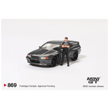 MinMini GT #869 Nissan Skyline GT-R (R32) Gunmetal w/ Matsuda Figure – Tsugio Matsuda Collection – 1:64 Scale Diecast Model