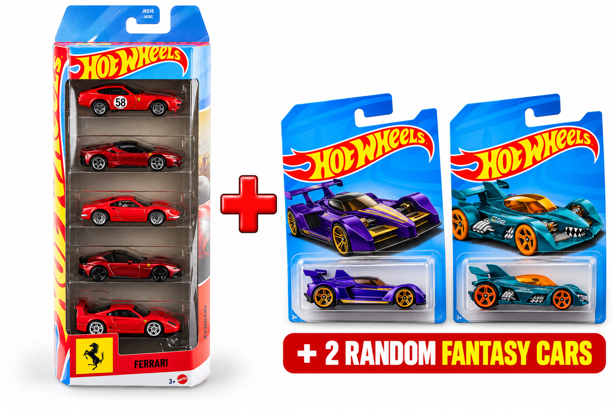 Hot Wheels Ferrari 5-Car Pack + 2 Random Fantasy Cars | Die-Cast Bundle