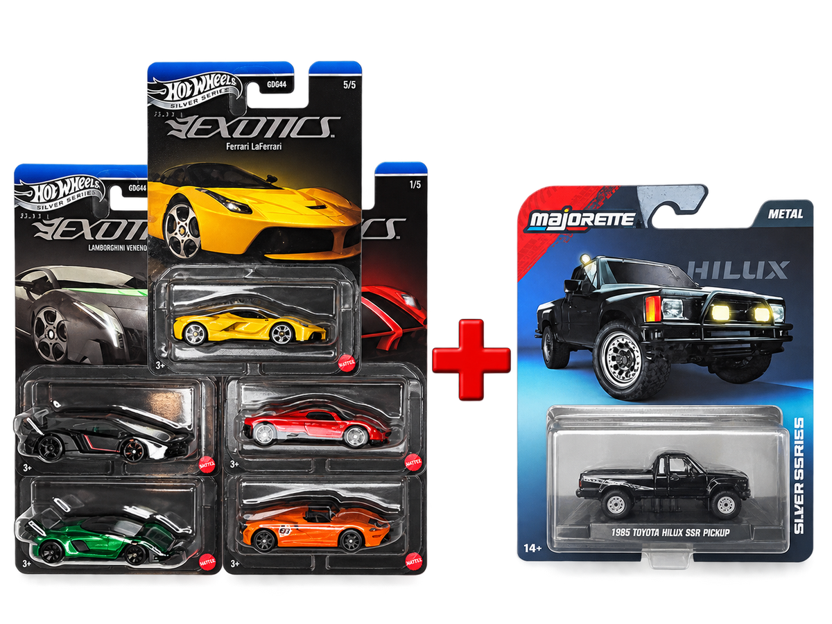 Hot Wheels Silver Series Exotic 5-Car Set + Majorette Toyota Hilux – Combo Set