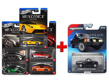 Hot Wheels Silver Series Exotic 5-Car Set + Majorette Toyota Hilux – Combo Set