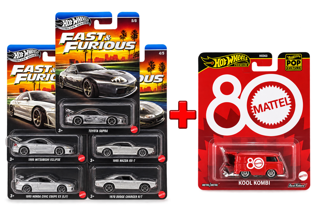 Hot Wheels Silver Series Fast & Furious 5-Car Set + Hot Wheels 80th Anniversary Kool Kombi – Combo Set