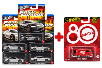 Hot Wheels Silver Series Fast & Furious 5-Car Set + Hot Wheels 80th Anniversary Kool Kombi – Combo Set