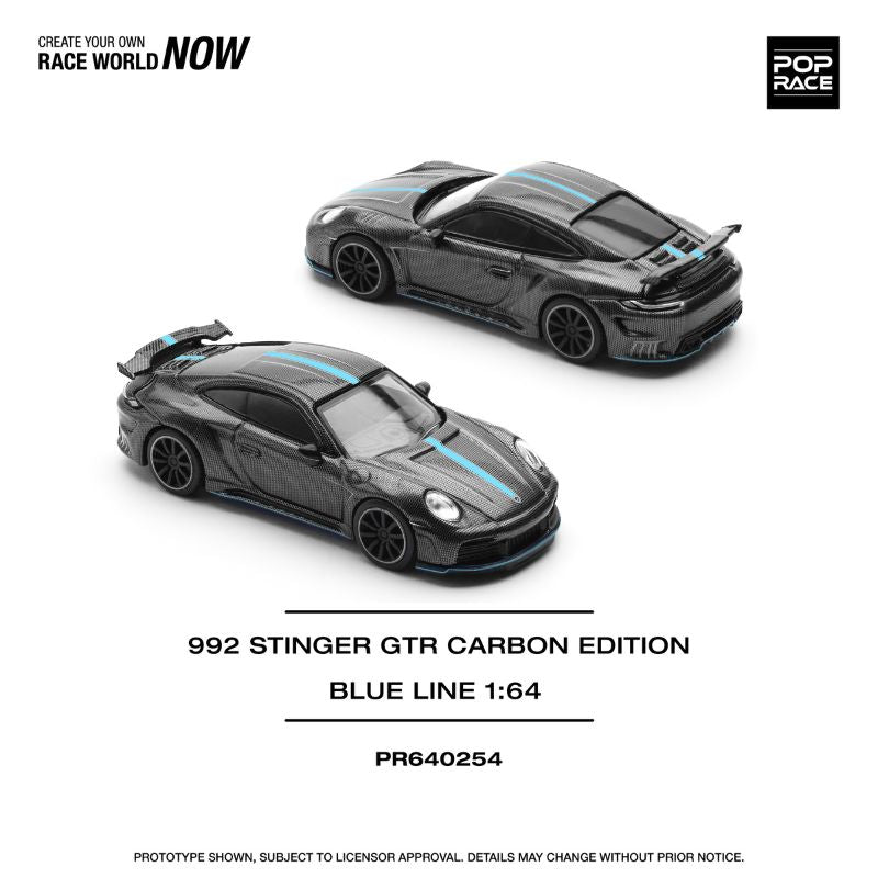 Pop Race Porsche 992 Stinger GTR Carbon Edition (Blue Line) – 1:64 Scale Premium Die-Cast Model