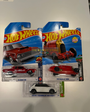 Hot Wheels 2026 P Case Set – '64 Dodge 330, Fiat Beast of Turin + Custom / Personnalise 2020 Honda | 1:64 Scale Die-Cast Set