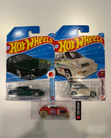 Hot Wheels 2026 P Case Set – '89 Mazda Savanna RX-7 FC3S, '85 Honda City Turbo II + 1 Fantasy Casting | 1:64 Scale Die-Cast Set