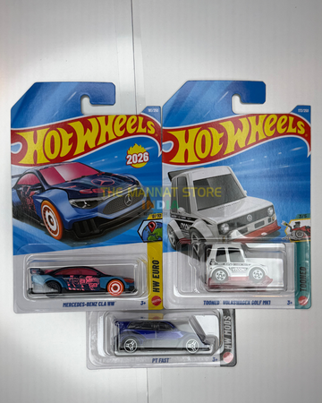 Hot Wheels 2026 J Case Set of 3 – Mercedes-Benz CLA HW, Tooned™ Volkswagen Golf Mk1 & PT Fast