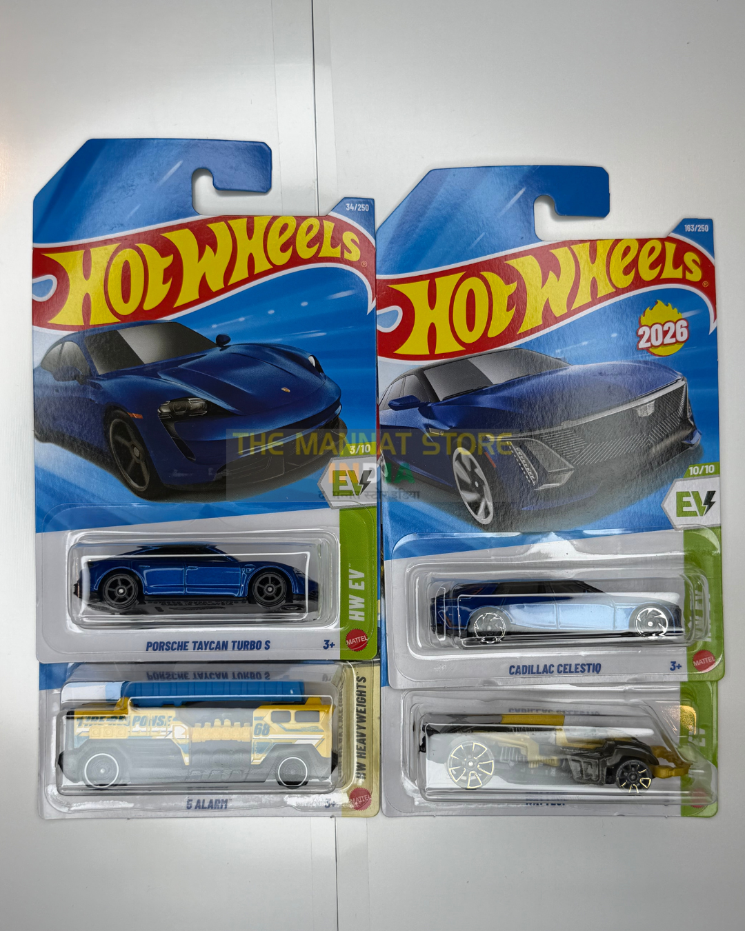 Hot Wheels 2026 J Case Set of 4 – Porsche Taycan Turbo S, Cadillac Celestiq + 2 Fantasy Cars