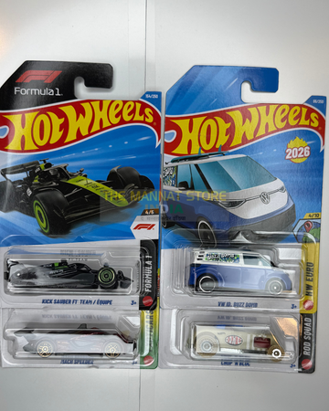 Hot Wheels 2026 J Case Set of 4 – Kick Sauber F1 Team, VW ID. Buzz Bomb + 2 Fantasy Cars