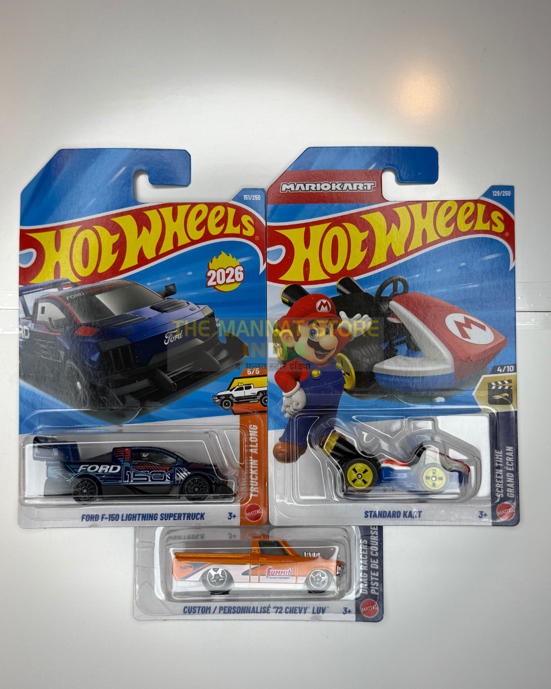 Hot Wheels Imported Ford F-150 Lightning SuperTruck & Standard Kart Set of 3 – 1:64 Scale Die-Cast Cars