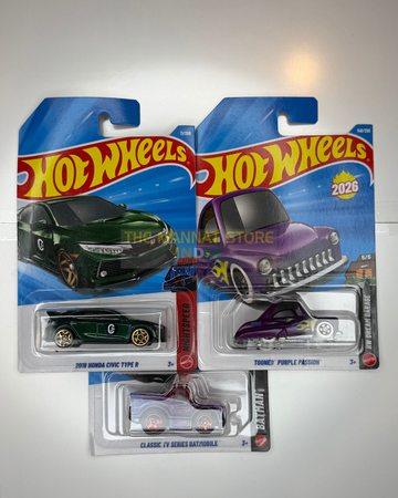 Hot Wheels Imported 2018 Honda Civic Type R, Tooned Purple Passion & Classic TV Series Batmobile Set of 3 – 1:64 Scale Die-Cast Cars