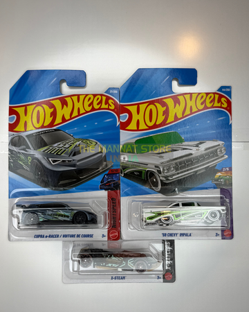 Hot Wheels Imported CUPRA e-Racer & '59 Chevy Impala Set of 3 – 1:64 Scale Die-Cast Cars