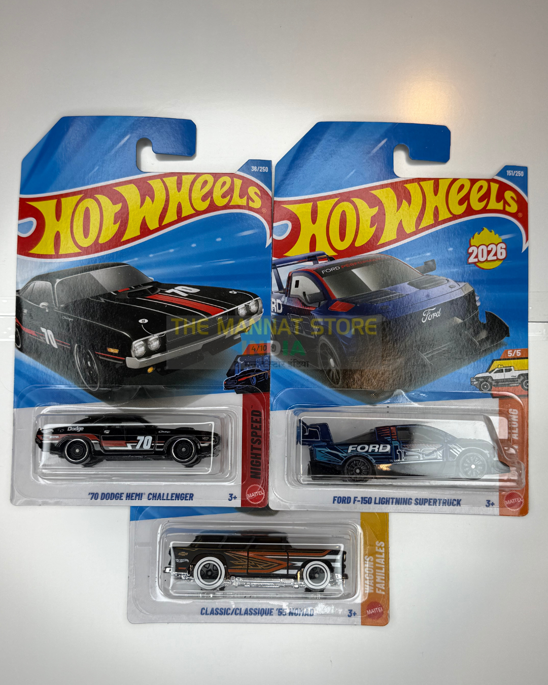 Hot Wheels Imported '70 Dodge HEMI Challenger & Ford F-150 Lightning SuperTruck Set of 3 – 1:64 Scale Die-Cast Cars