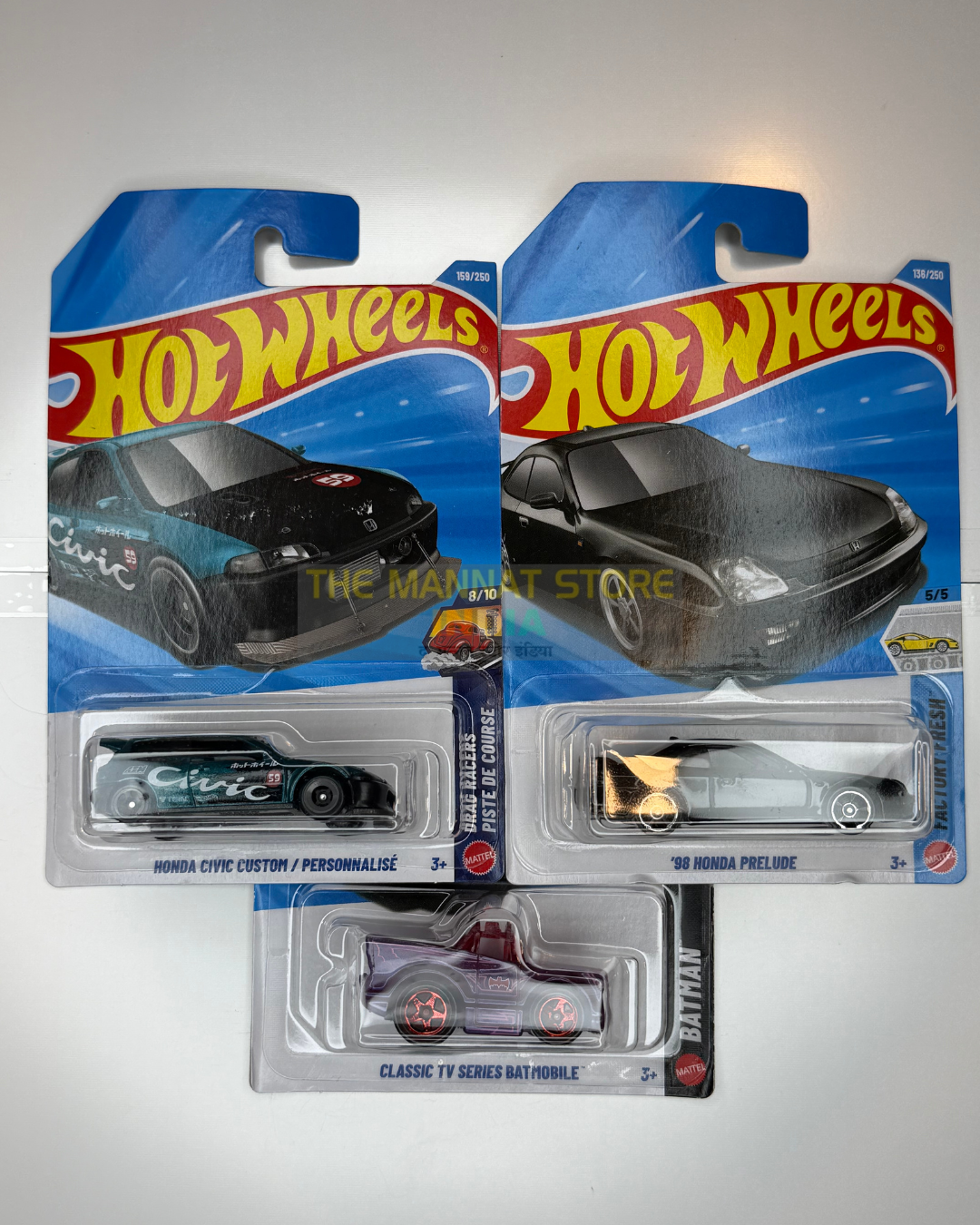 Hot Wheels Imported Honda Civic Custom, '98 Honda Prelude & Classic TV Series Batmobile Set of 3 – 1:64 Scale Die-Cast Cars