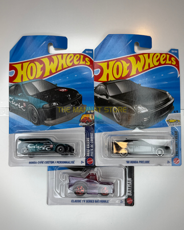 Hot Wheels Imported Honda Civic Custom, '98 Honda Prelude & Classic TV Series Batmobile Set of 3 – 1:64 Scale Die-Cast Cars