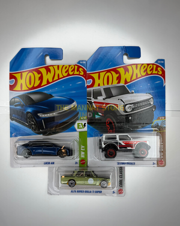 Hot Wheels 2026 L Case Lucid Air, '21 Ford Bronco & Alfa Romeo Giulia TI Super Set of 3 – Imported 1:64 Scale Die-Cast Cars