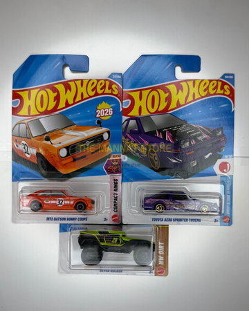 Hot Wheels 2026 L Case 1972 Datsun Sunny Coupé & Toyota AE86 Sprinter Trueno Set of 3 – Imported 1:64 Scale Die-Cast Cars