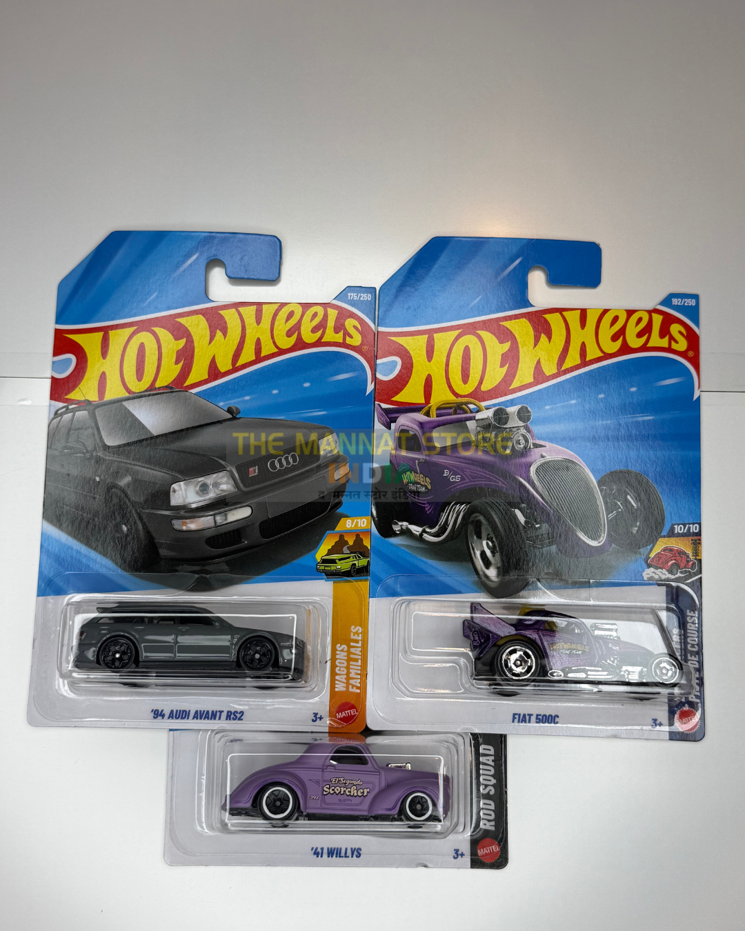 Hot WheHHot Wheels 2026 K Case Set of 3 – '94 Audi Avant RS2, Fiat 500C + 1 Fantasy Car