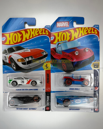 Hot Wheels 2026 L Case Ferrari 365 GTB4 Competizione, Spider-Mobile & Fantasy Cars Set of 4 – Imported 1:64 Scale Die-Cast Cars