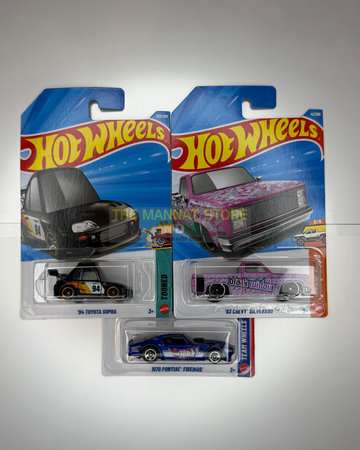 Hot Wheels 2026 L Case '94 Toyota Supra, '83 Chevy Silverado & 1970 Pontiac Firebird Set of 3 – Imported 1:64 Scale Die-Cast Cars