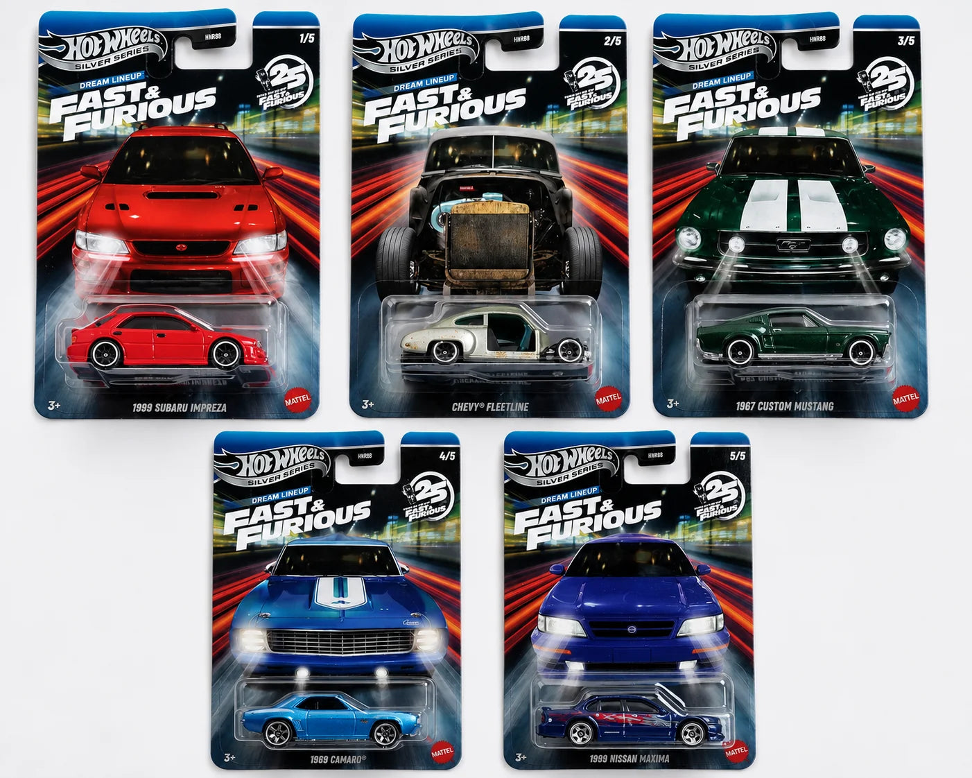 Hot Wheels Fast & Furious Dream Lineup Complete Set of 5 Silver Series 25 Years Anniversary Imported Die-Cast Collection(Imported)