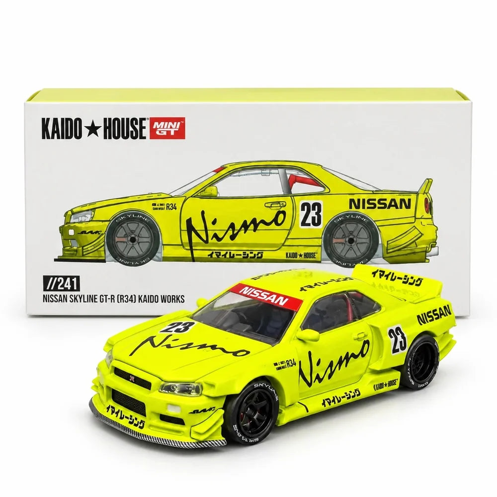 Kaido House x MINI GT Nissan Skyline GT-R (R34) Kaido Works V4 Nismo Yellow #23 | 1:64 Die-Cast Model