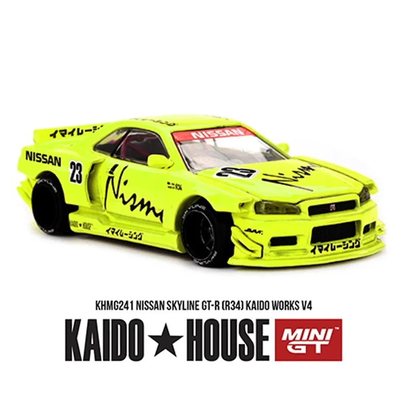 Kaido House x MINI GT Nissan Skyline GT-R (R34) Kaido Works V4 Nismo Yellow #23 | 1:64 Die-Cast Model