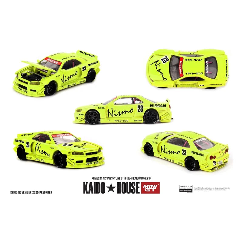 Kaido House x MINI GT Nissan Skyline GT-R (R34) Kaido Works V4 Nismo Yellow #23 | 1:64 Die-Cast Model