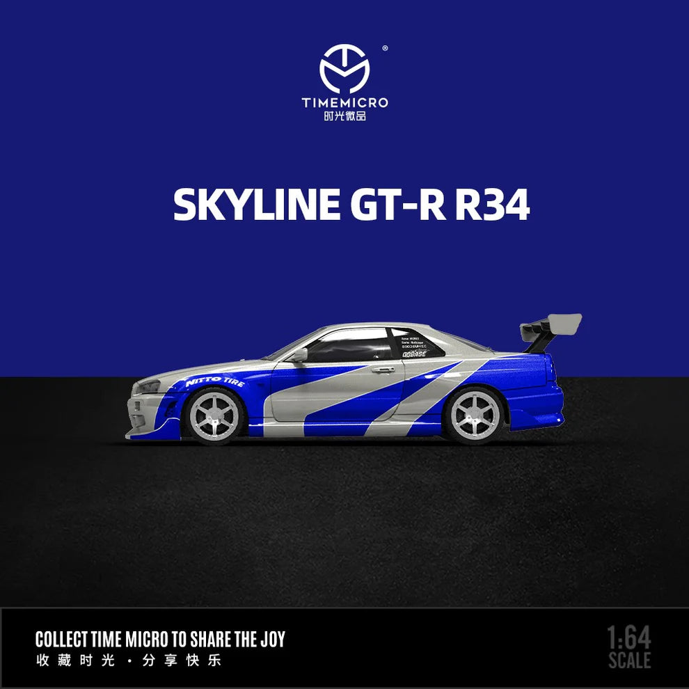 Tarmac Works TM800501 Nissan Skyline GT-R R34 Blue Silver – 1:64 Scale Die-Cast Model