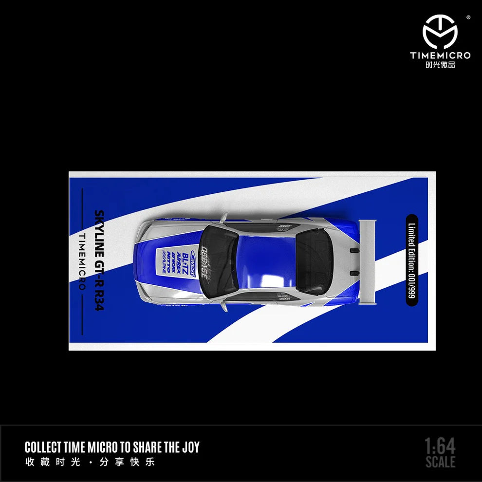Tarmac Works TM800501 Nissan Skyline GT-R R34 Blue Silver – 1:64 Scale Die-Cast Model