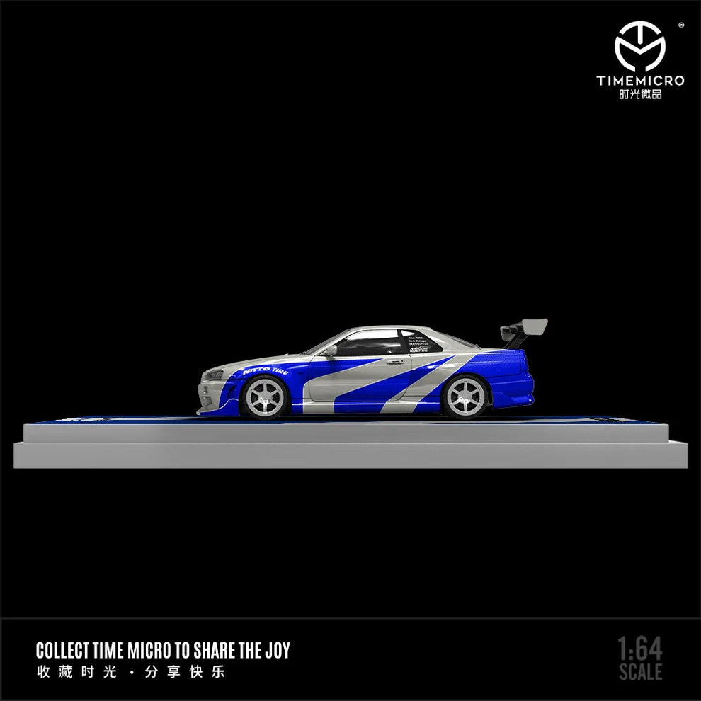 Tarmac Works TM800501 Nissan Skyline GT-R R34 Blue Silver – 1:64 Scale Die-Cast Model