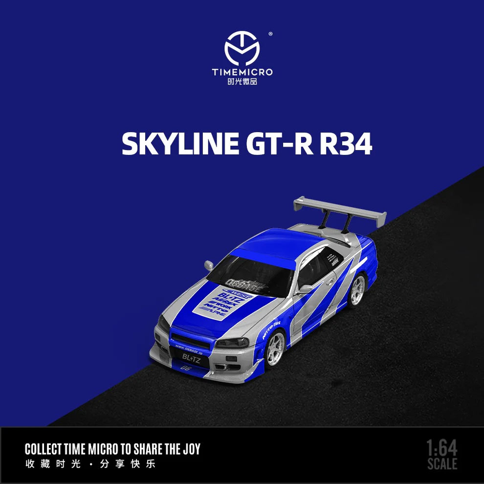 Tarmac Works TM800501 Nissan Skyline GT-R R34 Blue Silver – 1:64 Scale Die-Cast Model