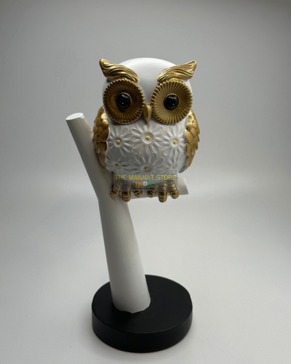 Owl on Tree Branch – White & Gold Resin Artifact