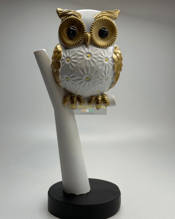 Owl on Tree Branch – White & Gold Resin Artifact - Image 2