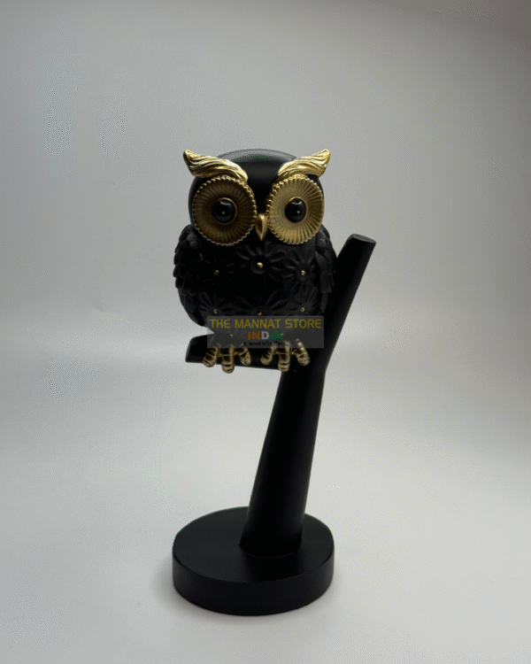 Owl on Tree Branch – Black Resin Artifact