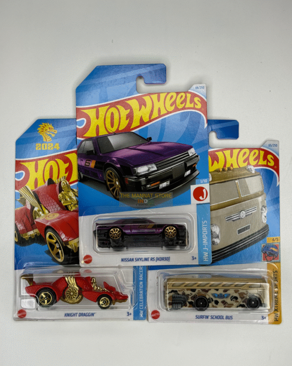 Hot Wheels 2024 C Case – Set of 3 (Nissan Skyline RS [KDR30], Knight Draggin, Surfin’ School Bus)