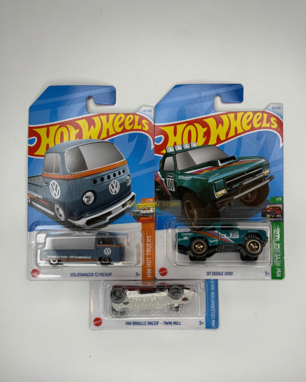 Hot Wheels 2024 C Case – Set of 3 (Volkswagen T2 Pickup, ’87 Dodge D100, HW Braille Racer – Twin Mill)