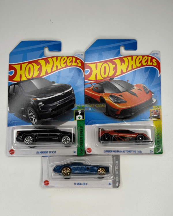 Hot Wheels 2024 Q Case – Set of 3 (Silverado EV RST, Gordon Murray Automotive T.50S, High-Roller 11)