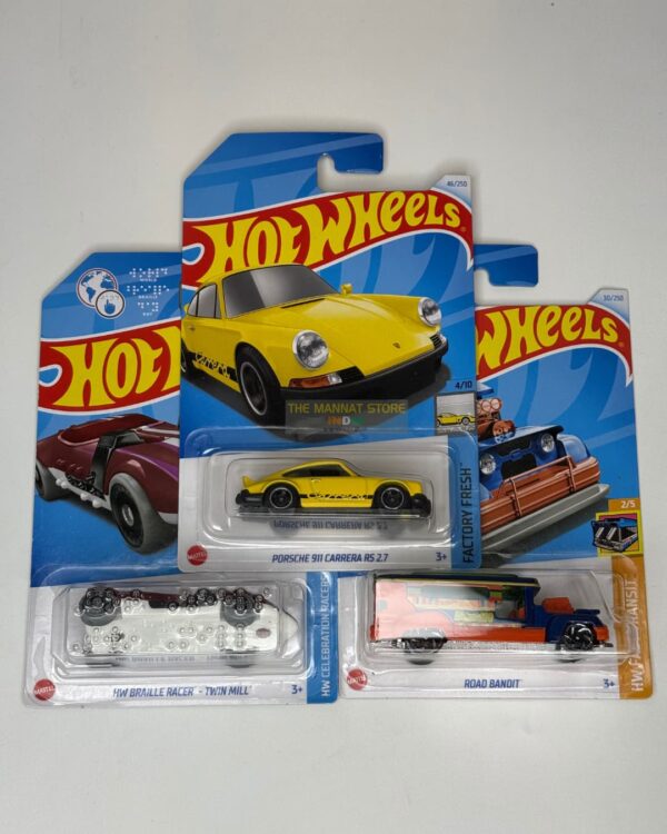 Hot Wheels 2024 Q Case – Set of 3 (Porsche 911 Carrera RS 2.7, HW Braille Racer – Twin Mill, Road Bandit