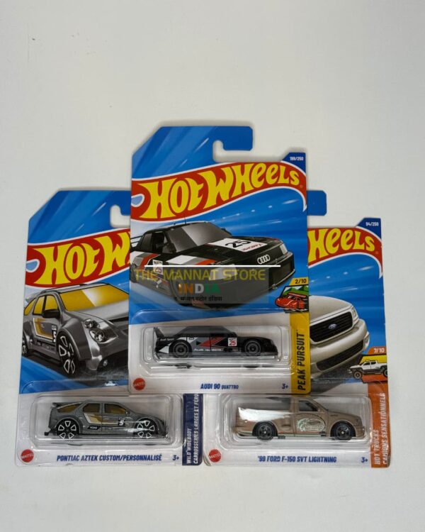 Hot Wheels 2024 Indian Q Case – Set of 3 (Audi 90 Quattro, Pontiac Aztek Custom/Personnalisé, ’99 Ford SVT Lightning)