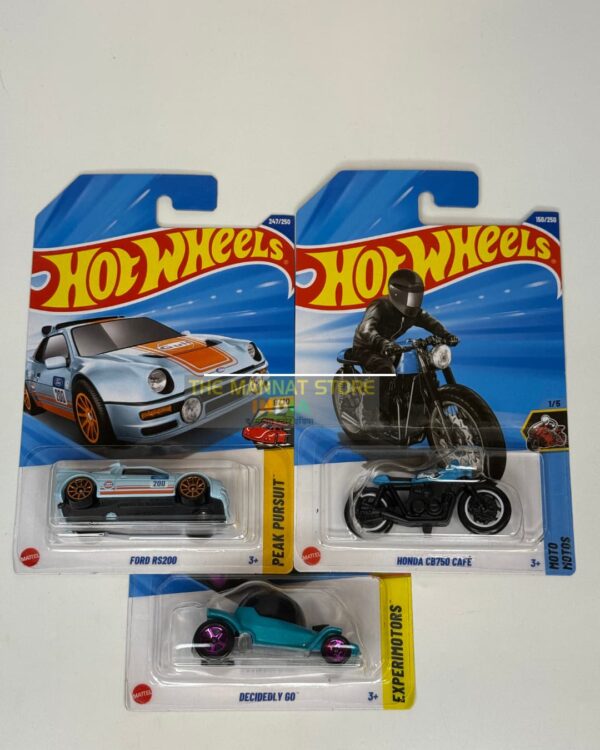 Hot Wheels 2024 Indian Q Case – Set of 3 (Ford RS 200, Honda CB750 Café, Decidely Go)