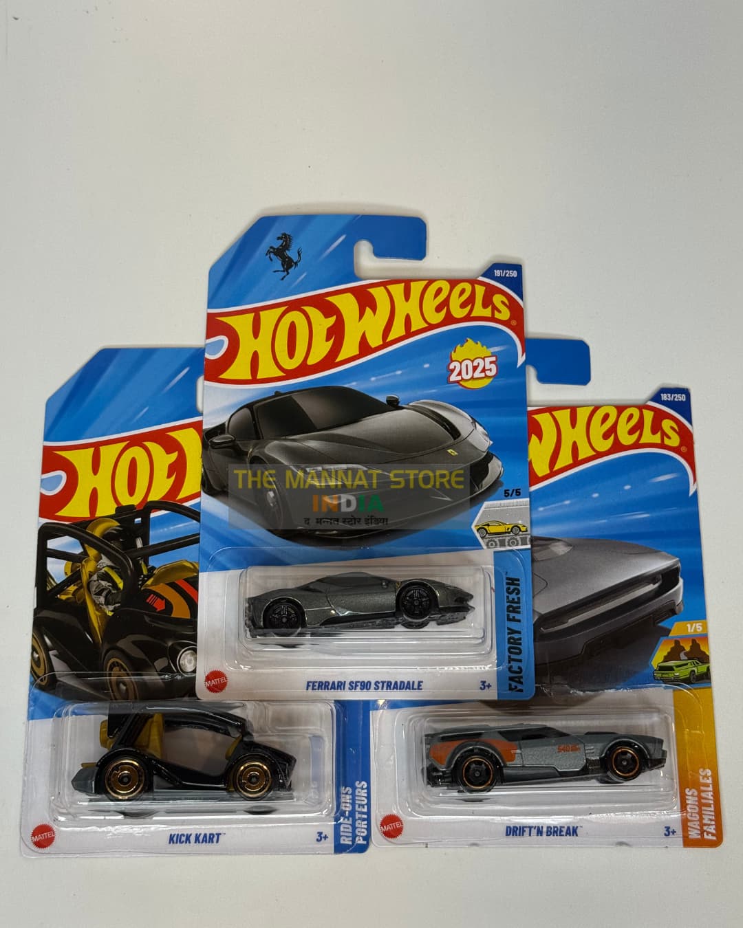 Hot Wheels 2025 IMPORTED Q Case – Set of 3 (Ferrari SF90 Stradale, Kick Kart, Drift N Break)