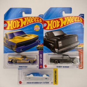 Hot Wheels 2026 A Case – Set of 3 (Bounce ’N Bass,83 Chevy Silverado,Porsche 911 Carrera Clip.