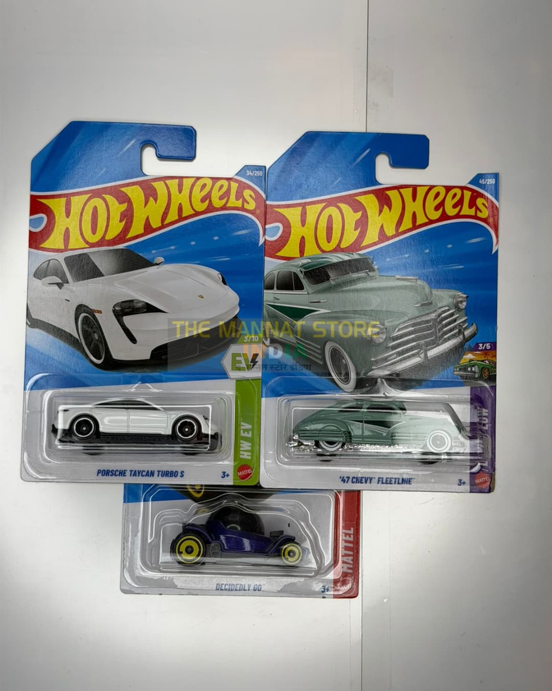 Hot Wheels Imported SET OF 3 LPORSCHE TAYCAN TURBO , 47 CHEVY FLEETINE DECIDELY GO